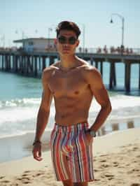 sharp and trendy man in Los Angeles wearing a trendy beach outfit, Santa Monica pier in the background