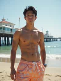 sharp and trendy man in Los Angeles wearing a trendy beach outfit, Santa Monica pier in the background