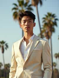 sharp and trendy man in Los Angeles wearing a summer dress/linen suit, palm trees in the background