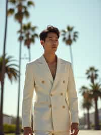 sharp and trendy man in Los Angeles wearing a summer dress/linen suit, palm trees in the background