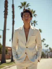 sharp and trendy man in Los Angeles wearing a summer dress/linen suit, palm trees in the background