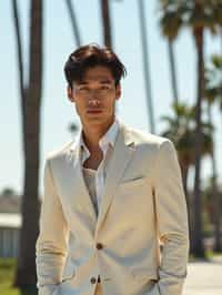 sharp and trendy man in Los Angeles wearing a summer dress/linen suit, palm trees in the background