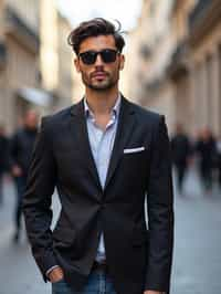 sharp and trendy man in Milan wearing a fashionable blazer and jeans, Duomo di Milano in the background