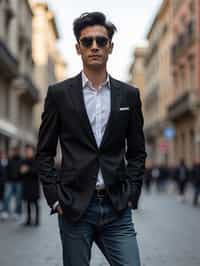 sharp and trendy man in Milan wearing a fashionable blazer and jeans, Duomo di Milano in the background