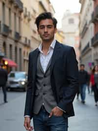 sharp and trendy man in Milan wearing a fashionable blazer and jeans, Duomo di Milano in the background