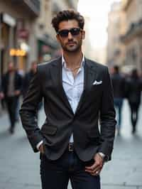 sharp and trendy man in Milan wearing a fashionable blazer and jeans, Duomo di Milano in the background