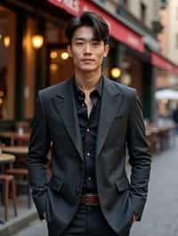 sharp and trendy man in Milan wearing high fashion attire in front of a classic Italian café