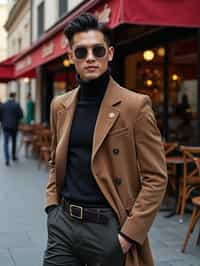 sharp and trendy man in Milan wearing high fashion attire in front of a classic Italian café