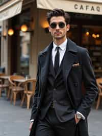 sharp and trendy man in Milan wearing high fashion attire in front of a classic Italian café