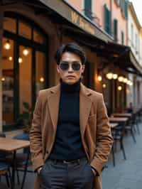 sharp and trendy man in Milan wearing high fashion attire in front of a classic Italian café