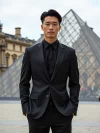 sharp and trendy man in Paris wearing a chic black dress/suit, Louvre pyramid in the background