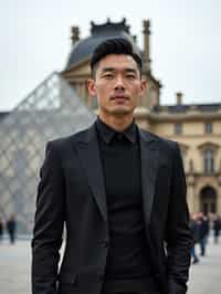 sharp and trendy man in Paris wearing a chic black dress/suit, Louvre pyramid in the background