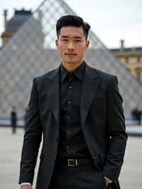 sharp and trendy man in Paris wearing a chic black dress/suit, Louvre pyramid in the background