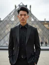 sharp and trendy man in Paris wearing a chic black dress/suit, Louvre pyramid in the background