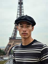 sharp and trendy man in Paris, wearing a beret and striped top, Eiffel Tower in the background