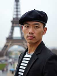 sharp and trendy man in Paris, wearing a beret and striped top, Eiffel Tower in the background