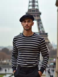 sharp and trendy man in Paris, wearing a beret and striped top, Eiffel Tower in the background