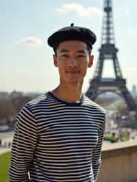 sharp and trendy man in Paris, wearing a beret and striped top, Eiffel Tower in the background