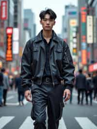 sharp and trendy man in Tokyo wearing a futuristic outfit, Shibuya crossing in the background