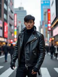 sharp and trendy man in Tokyo wearing a futuristic outfit, Shibuya crossing in the background