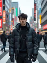 sharp and trendy man in Tokyo wearing a futuristic outfit, Shibuya crossing in the background