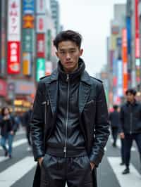 sharp and trendy man in Tokyo wearing a futuristic outfit, Shibuya crossing in the background