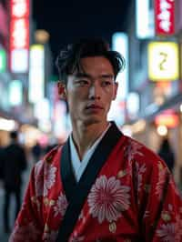 sharp and trendy man in Tokyo wearing a modern take on a traditional kimono, neon lights of the city in the background