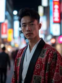 sharp and trendy man in Tokyo wearing a modern take on a traditional kimono, neon lights of the city in the background