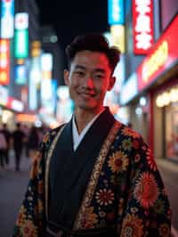 sharp and trendy man in Tokyo wearing a modern take on a traditional kimono, neon lights of the city in the background