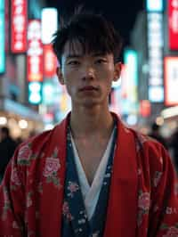 sharp and trendy man in Tokyo wearing a modern take on a traditional kimono, neon lights of the city in the background