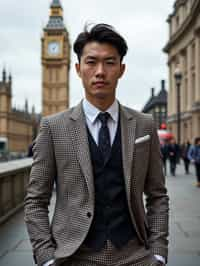 sharp and trendy man in London wearing a checkered suit, Big Ben in the background