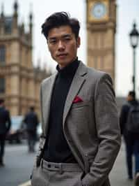 sharp and trendy man in London wearing a checkered suit, Big Ben in the background