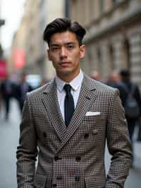 sharp and trendy man in London wearing a checkered suit, Big Ben in the background