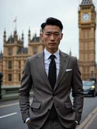 sharp and trendy man in London wearing a checkered suit, Big Ben in the background