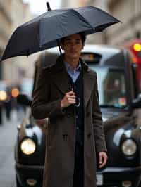 sharp and trendy man in London sporting a trench coat and holding an umbrella, iconic London cab in the background