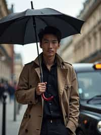 sharp and trendy man in London sporting a trench coat and holding an umbrella, iconic London cab in the background