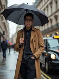 sharp and trendy man in London sporting a trench coat and holding an umbrella, iconic London cab in the background