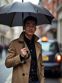 sharp and trendy man in London sporting a trench coat and holding an umbrella, iconic London cab in the background