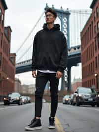 sharp and trendy man in New York City wearing an oversized sweatshirt and high top sneakers, Brooklyn Bridge in the background