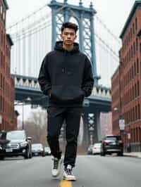 sharp and trendy man in New York City wearing an oversized sweatshirt and high top sneakers, Brooklyn Bridge in the background