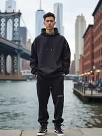 sharp and trendy man in New York City wearing an oversized sweatshirt and high top sneakers, Brooklyn Bridge in the background