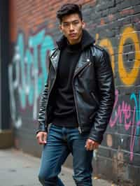 sharp and trendy man in New York City wearing a leather jacket, jeans, and boots with urban graffiti in the background