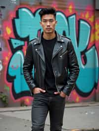 sharp and trendy man in New York City wearing a leather jacket, jeans, and boots with urban graffiti in the background