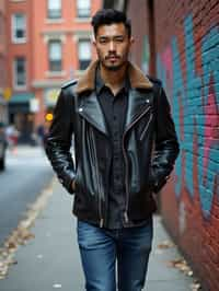 sharp and trendy man in New York City wearing a leather jacket, jeans, and boots with urban graffiti in the background