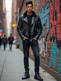 sharp and trendy man in New York City wearing a leather jacket, jeans, and boots with urban graffiti in the background