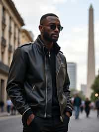 sharp and trendy man in Buenos Aires wearing a modern street style outfit, Obelisco de Buenos Aires in the background