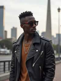 sharp and trendy man in Buenos Aires wearing a modern street style outfit, Obelisco de Buenos Aires in the background