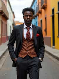 sharp and trendy man in Buenos Aires wearing a tango-inspired dress/suit, colorful houses of La Boca neighborhood in the background