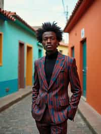 sharp and trendy man in Buenos Aires wearing a tango-inspired dress/suit, colorful houses of La Boca neighborhood in the background