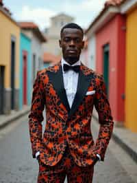 sharp and trendy man in Buenos Aires wearing a tango-inspired dress/suit, colorful houses of La Boca neighborhood in the background